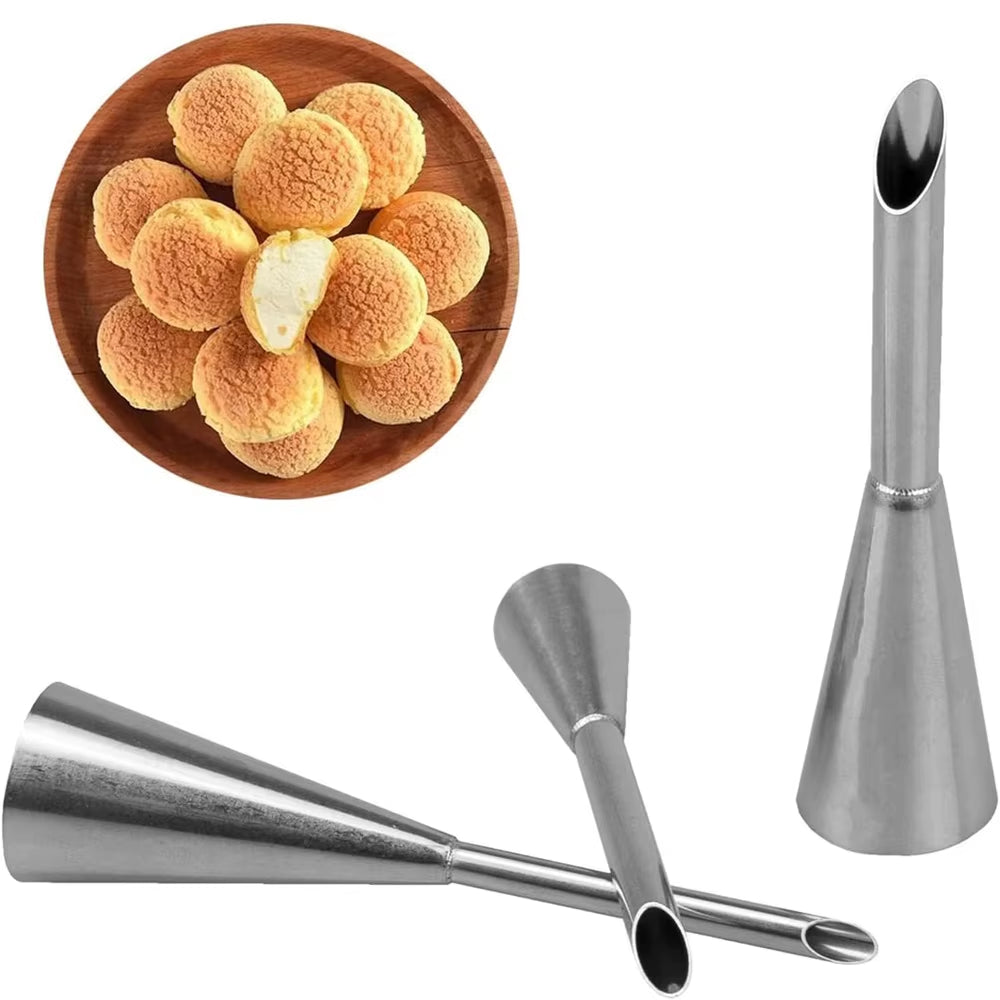 3-Piece Set of Stainless Steel Puff Mouth Cake Puff Cream Syringe Milker Long Tip Design Baking Kitchen Tool Baking Set Nozzle S