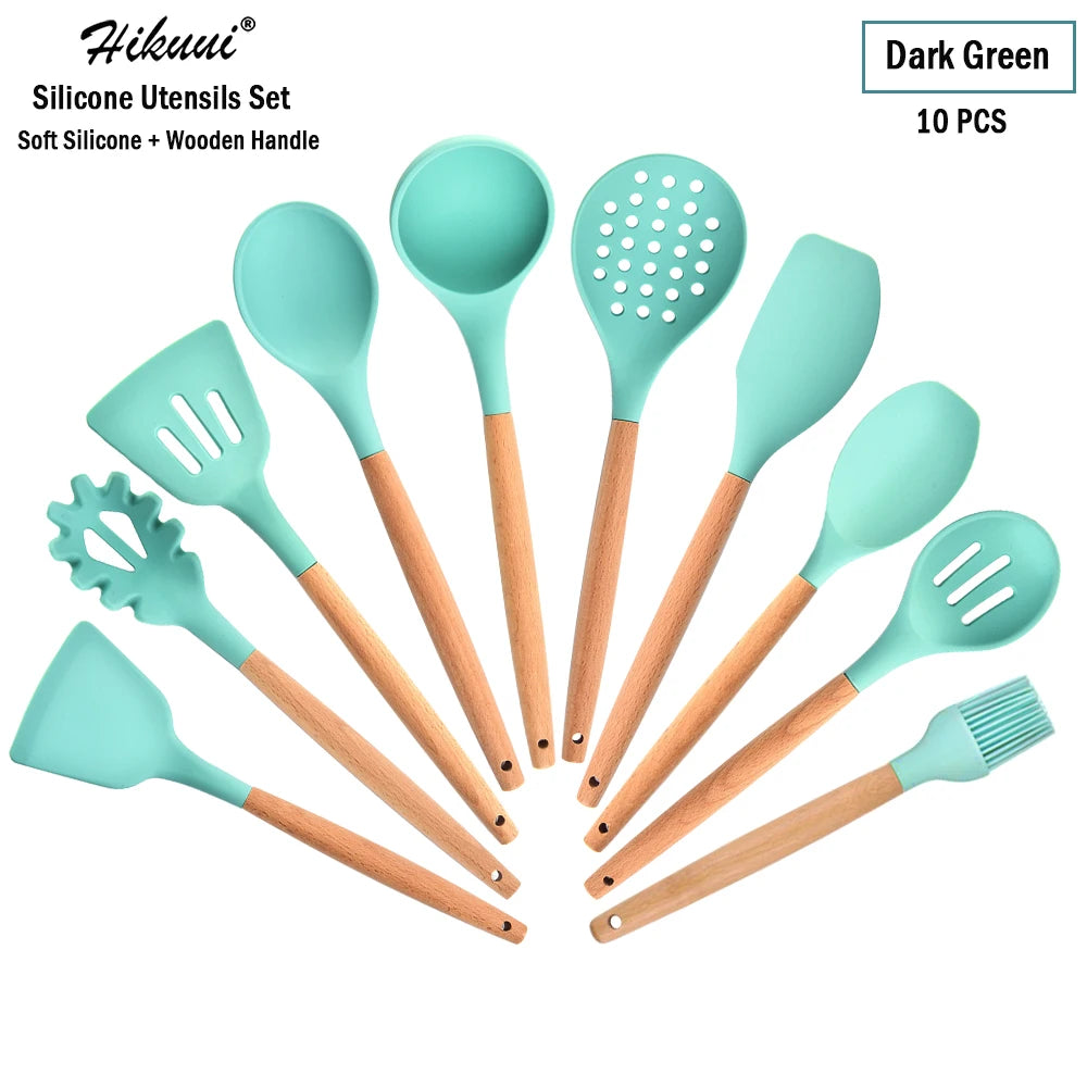 Silicone Cooking Utensil Set Wooden Handle Spatula Soup Spoon Brush Ladle Pasta Colander Non-Stick Silic Cookware Kitchen Tools