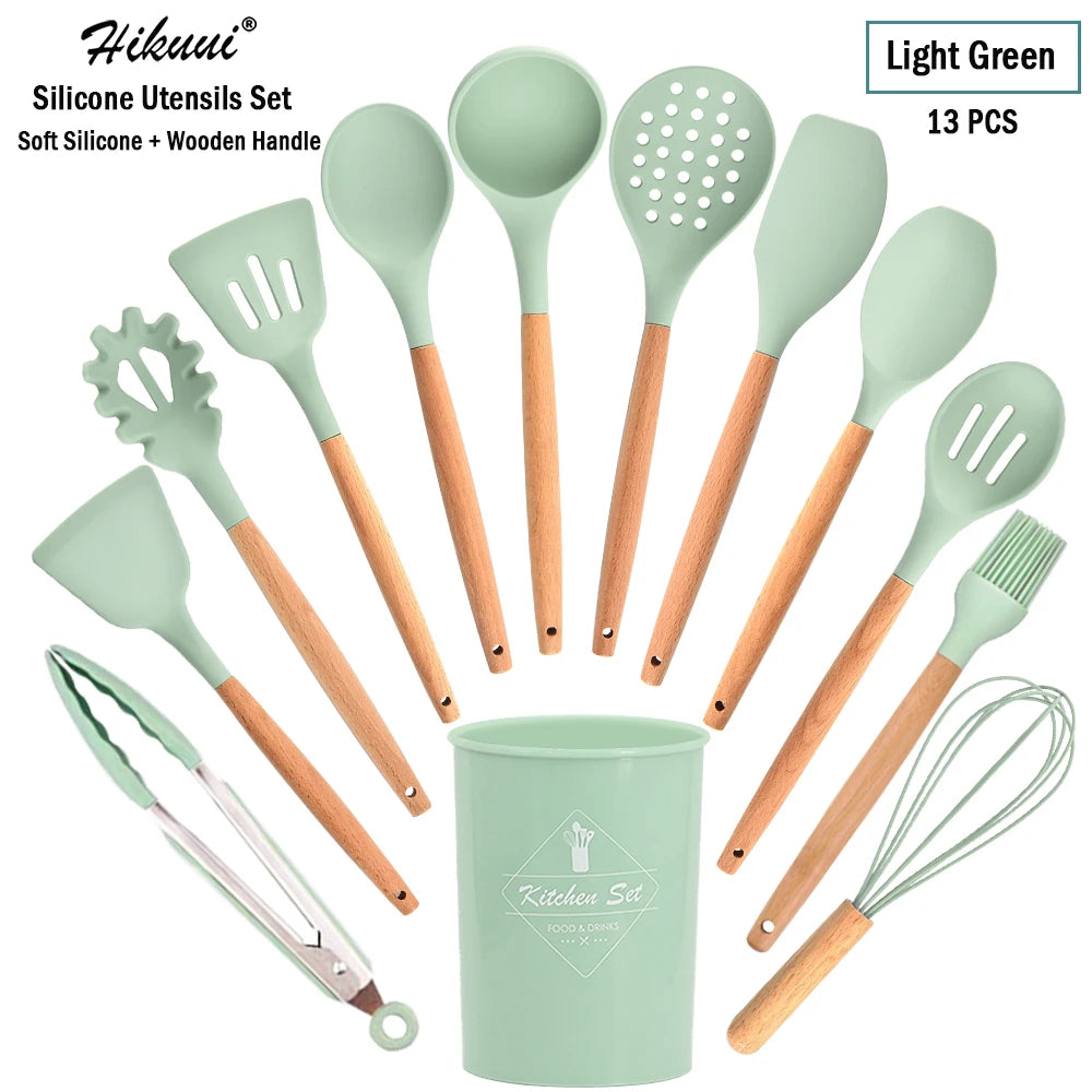 Silicone Cooking Utensil Set Wooden Handle Spatula Soup Spoon Brush Ladle Pasta Colander Non-Stick Silic Cookware Kitchen Tools