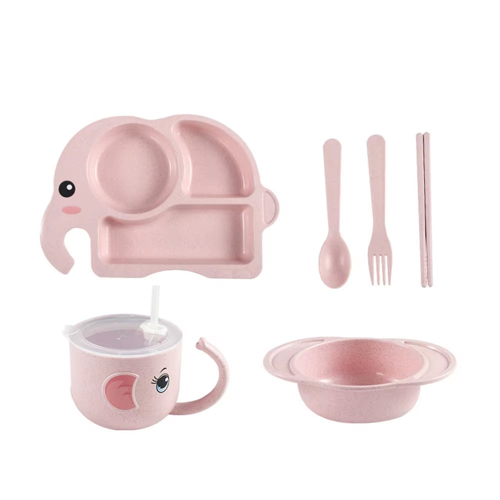 6PCS Children Baby Cutlery Set, Elephant Cartoon Plate, Children'S Cutlery, Heat Training Cutlery, Bowl, Cup, Spoon, Fork
