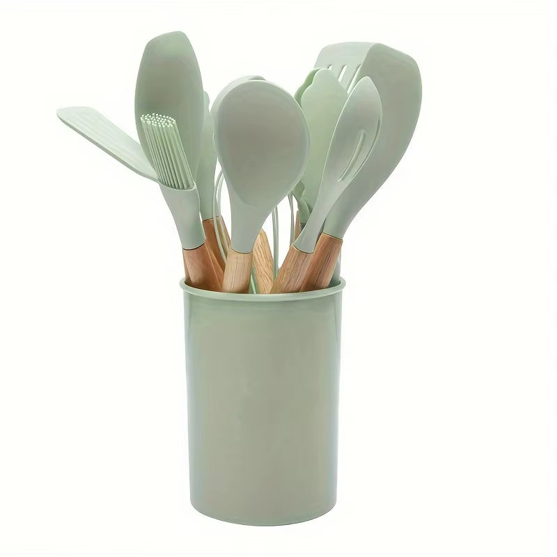 12 Piece Silicone Cooking Kitchen Utensils Set - Heat Resistant Wooden Handle Kitchen Utensils for Non-Stick Cookware