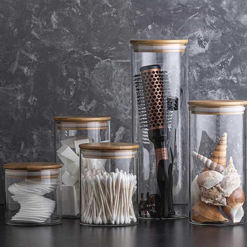 5Pc 300/550/950Ml Glass Food Storage Containers with Wooden Lid Kitchen Sealed Jar Food Storage Multigrain Tank Bottle