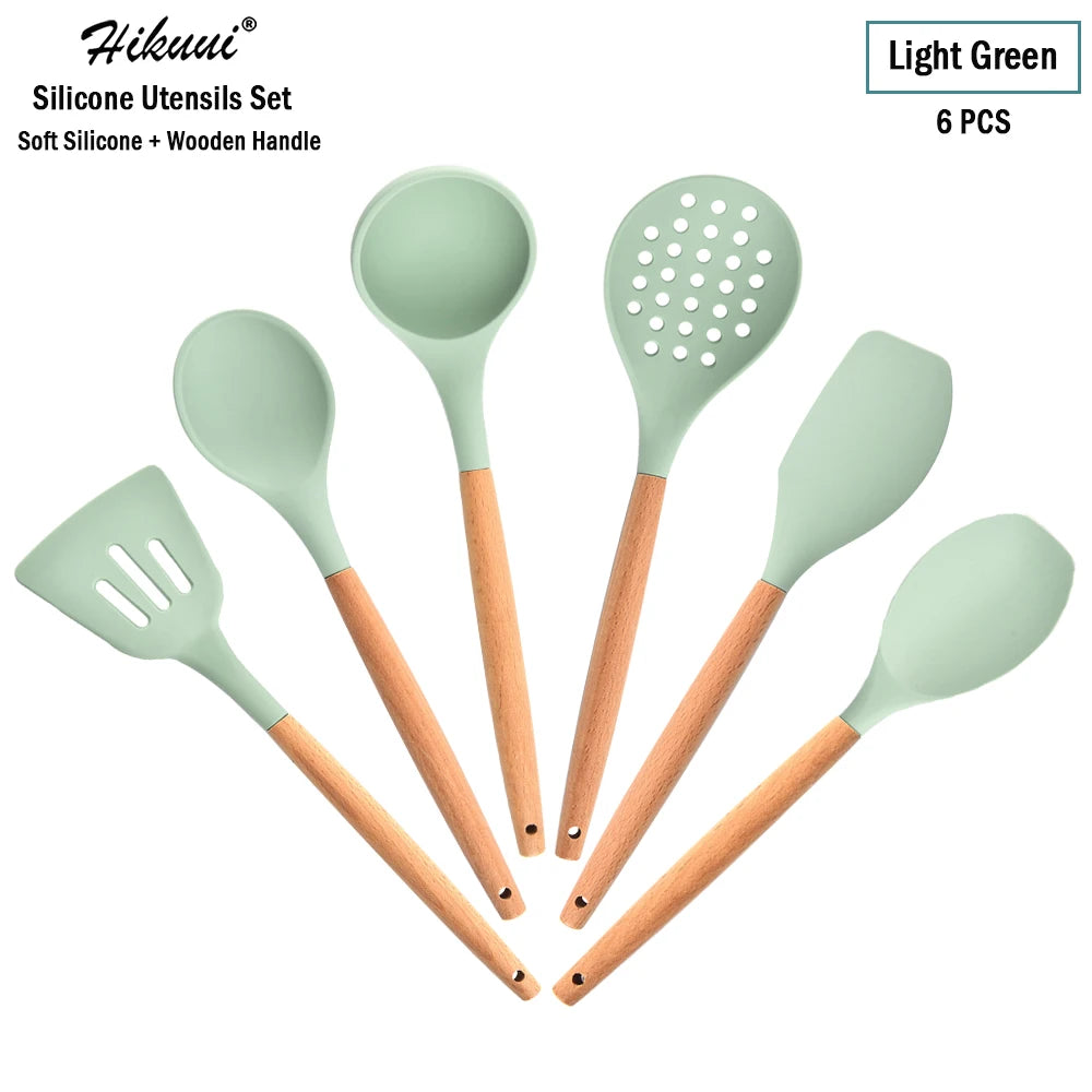 Silicone Cooking Utensil Set Wooden Handle Spatula Soup Spoon Brush Ladle Pasta Colander Non-Stick Silic Cookware Kitchen Tools