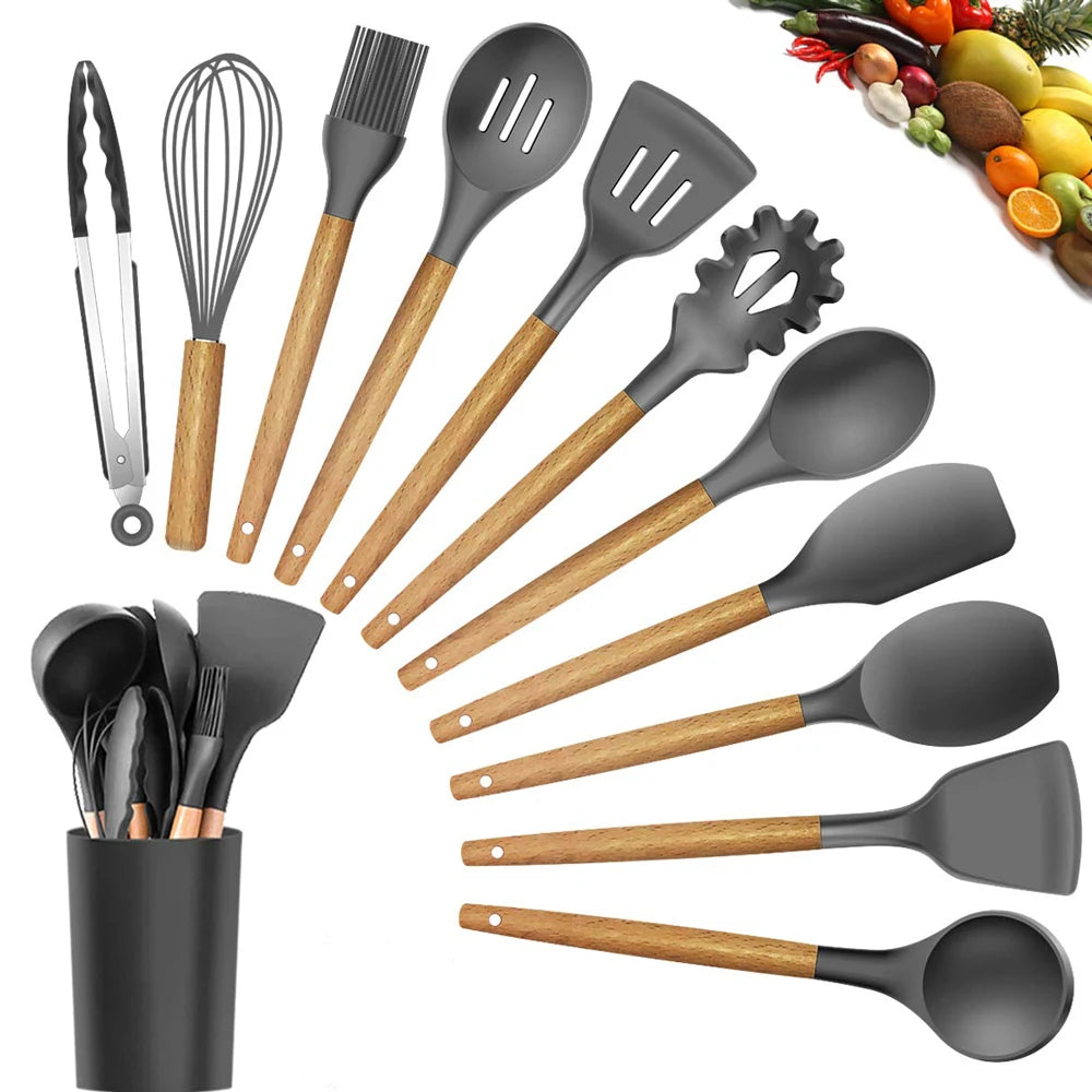 Silicone Cooking Utensil Set Wooden Handle Spatula Soup Spoon Brush Ladle Pasta Colander Non-Stick Silic Cookware Kitchen Tools