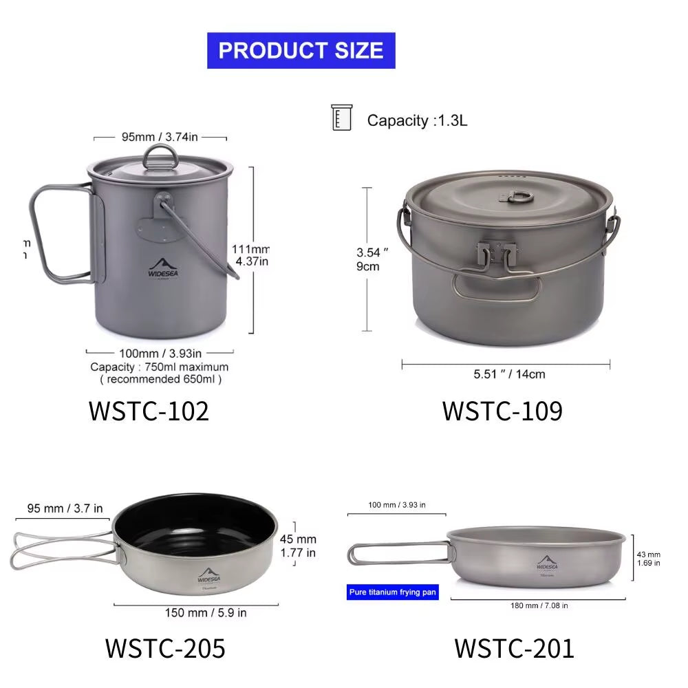 Camping Tableware Titanium Cookware Set Tourism Cauldron Outdoor Cooking Pot Frying Pan Picnic Kitchen Hiking Trekking
