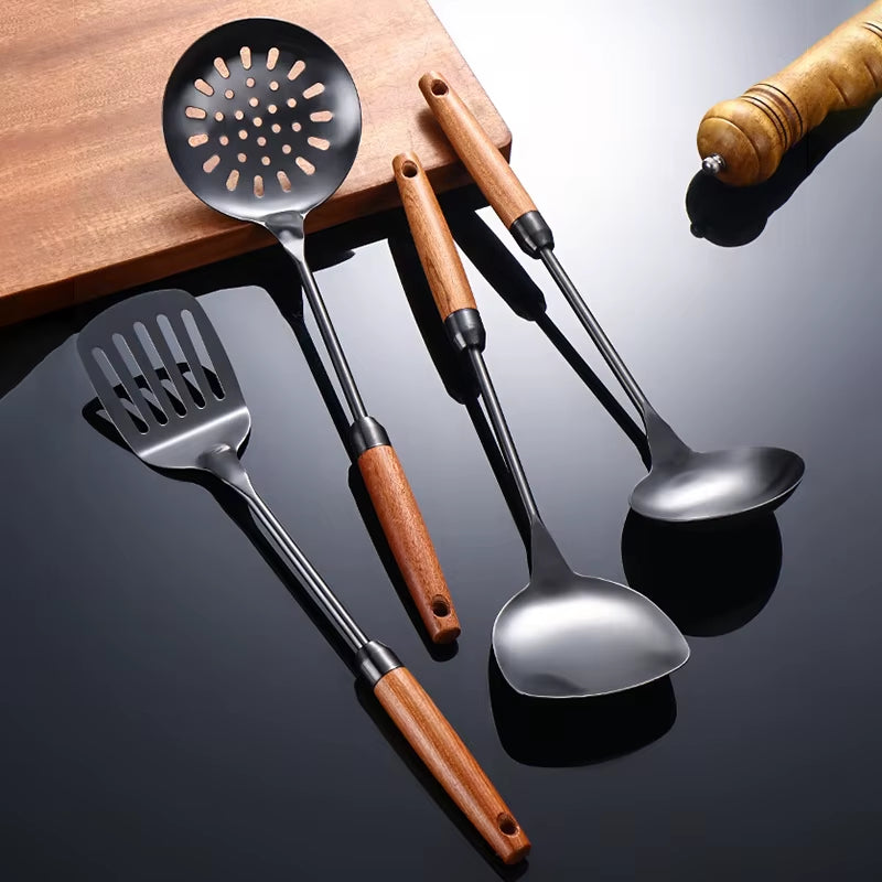 Stainless Steel Kitchen Utensils Sabli Wooden Handle Spatula Black Spatula Soup Spoon Leaking Spatula Golden Kitchen Utensils