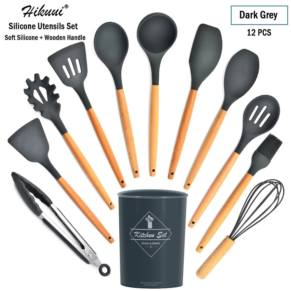 Silicone Cooking Utensil Set Wooden Handle Spatula Soup Spoon Brush Ladle Pasta Colander Non-Stick Silic Cookware Kitchen Tools