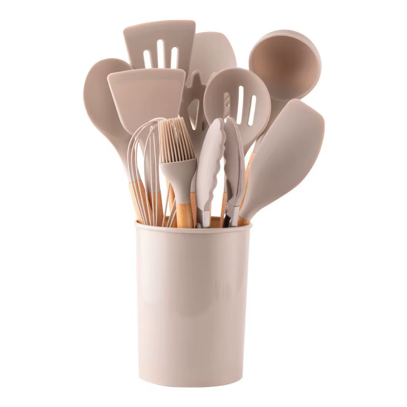 12 Piece Silicone Cooking Kitchen Utensils Set - Heat Resistant Wooden Handle Kitchen Utensils for Non-Stick Cookware