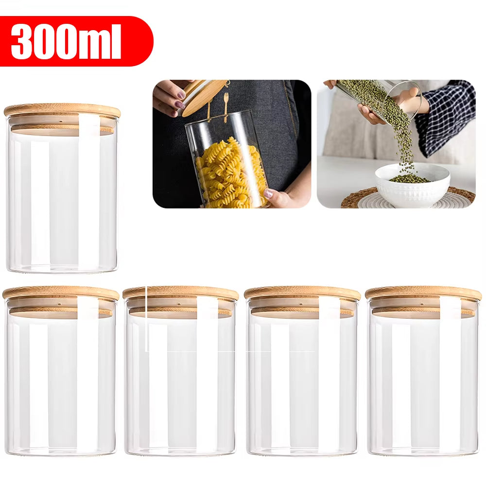 5Pc 300/550/950Ml Glass Food Storage Containers with Wooden Lid Kitchen Sealed Jar Food Storage Multigrain Tank Bottle