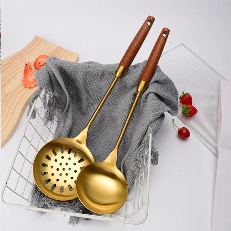 Stainless Steel Kitchen Utensils Sabli Wooden Handle Spatula Black Spatula Soup Spoon Leaking Spatula Golden Kitchen Utensils