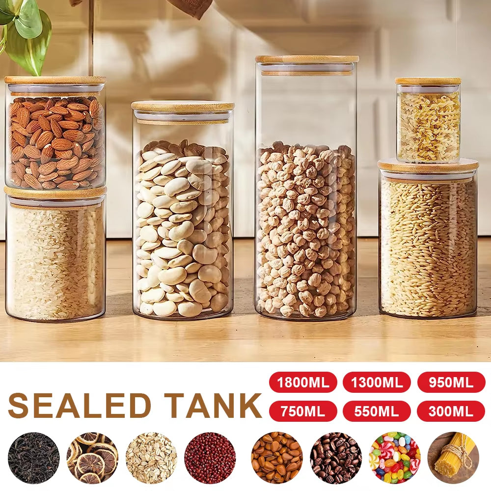 5Pc 300/550/950Ml Glass Food Storage Containers with Wooden Lid Kitchen Sealed Jar Food Storage Multigrain Tank Bottle