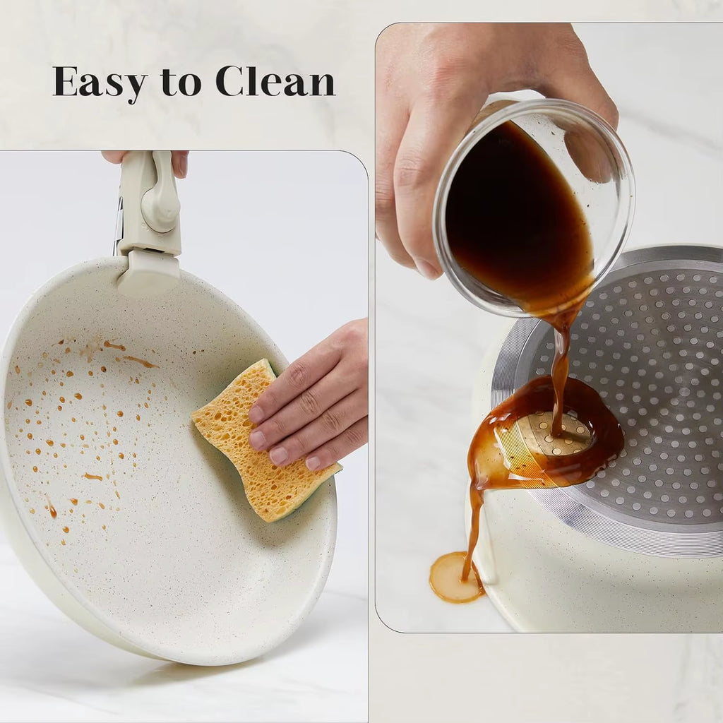 12 Pcs Pots and Pans Set, Nonstick Kitchen Induction Cookware Suit with Detachable Handle, Dishwasher Oven Safe, Milky White