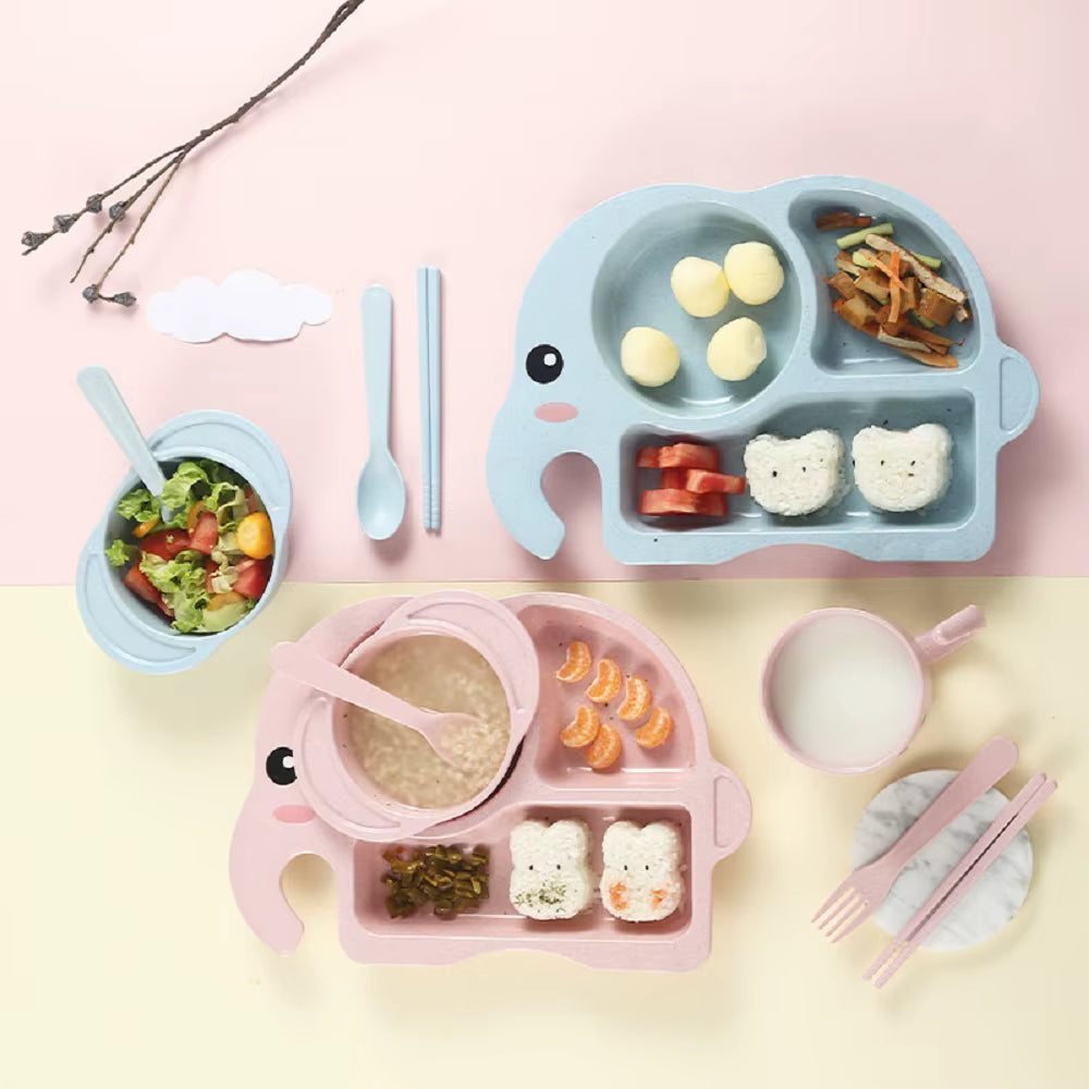 6PCS Children Baby Cutlery Set, Elephant Cartoon Plate, Children'S Cutlery, Heat Training Cutlery, Bowl, Cup, Spoon, Fork