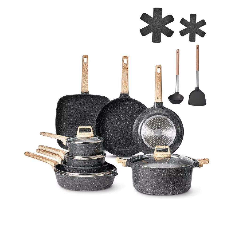 19 Piece Granite Nonstick Cookware Set Black Induction Compatible Kitchen Pots and Pans