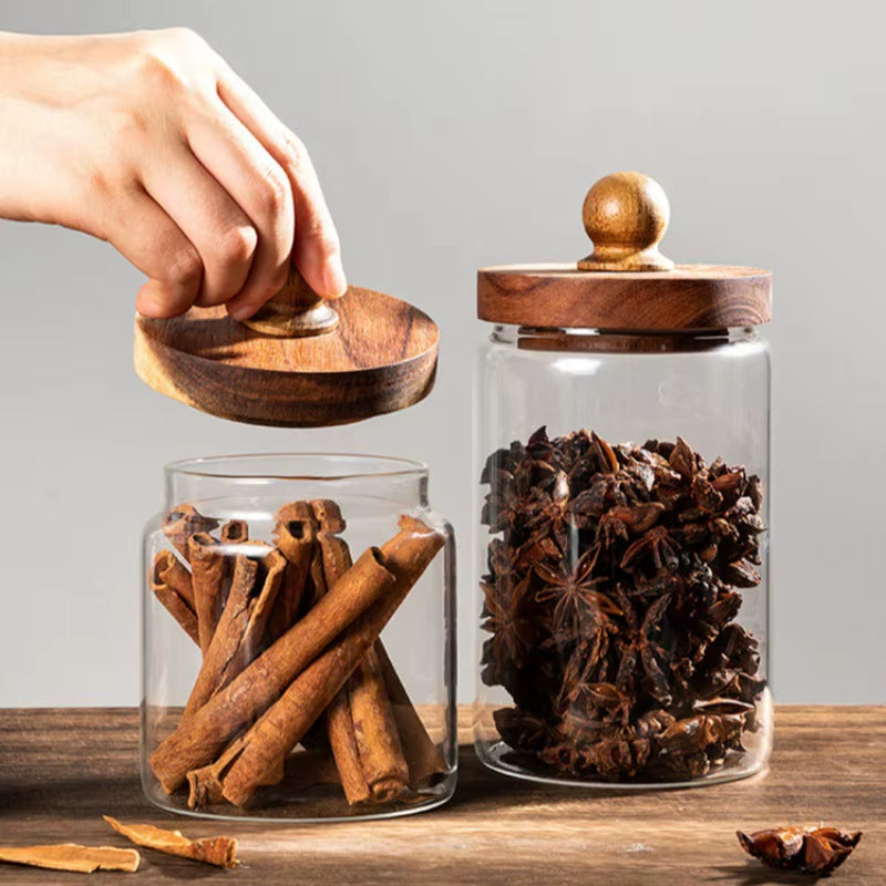 Glass Food Storage Jar with Wood Lid Airtight Sealed Clear Container for Coffee Beans Nuts Spice Candy Moisture-Proof Storage