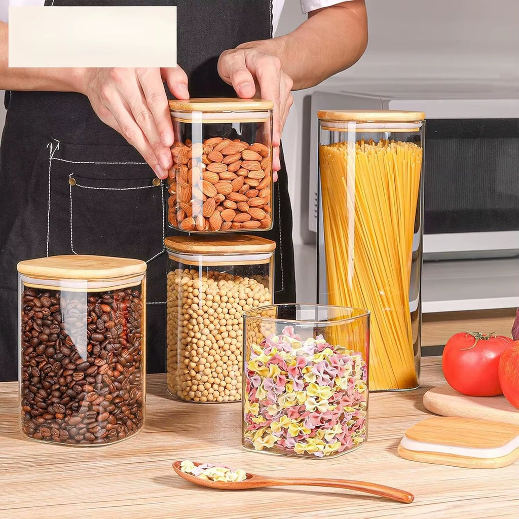 Food Storage Containers with Airtight Lids Set of 6, Clear Glass Canister Food Jar with Sealing Lid Kitchen Pantry Storage