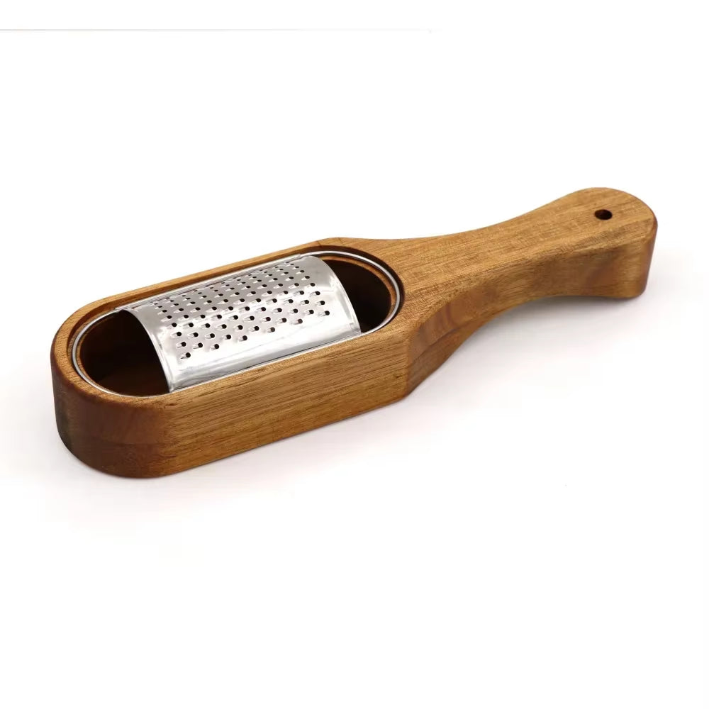 Stainless Steel Cheese Grater with Removable Acacia Wood Collector Cheese Grater with Box Cheese Tools Server