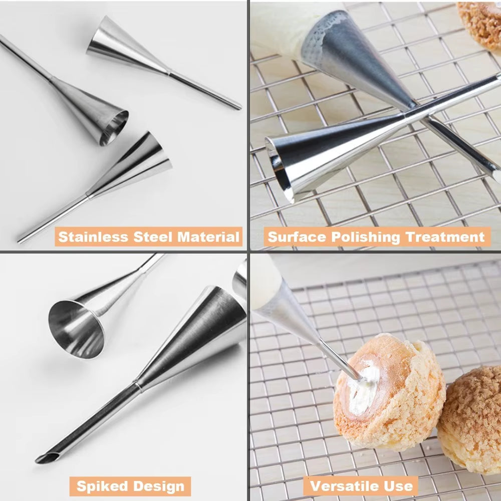 3-Piece Set of Stainless Steel Puff Mouth Cake Puff Cream Syringe Milker Long Tip Design Baking Kitchen Tool Baking Set Nozzle S