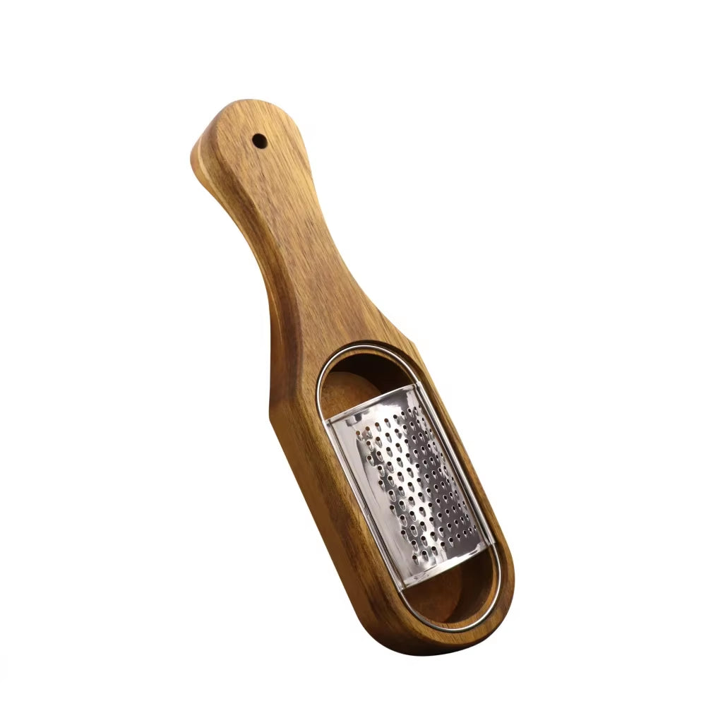 Stainless Steel Cheese Grater with Removable Acacia Wood Collector Cheese Grater with Box Cheese Tools Server