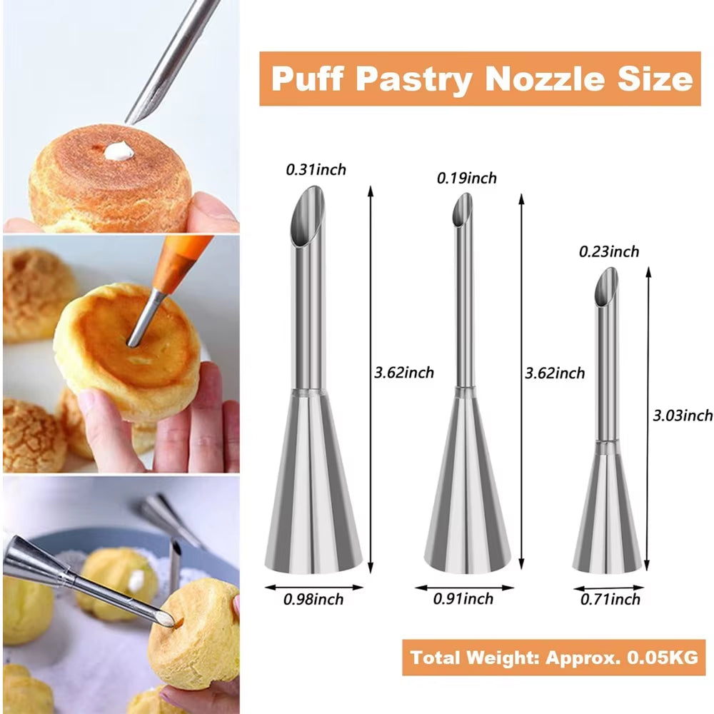 3-Piece Set of Stainless Steel Puff Mouth Cake Puff Cream Syringe Milker Long Tip Design Baking Kitchen Tool Baking Set Nozzle S