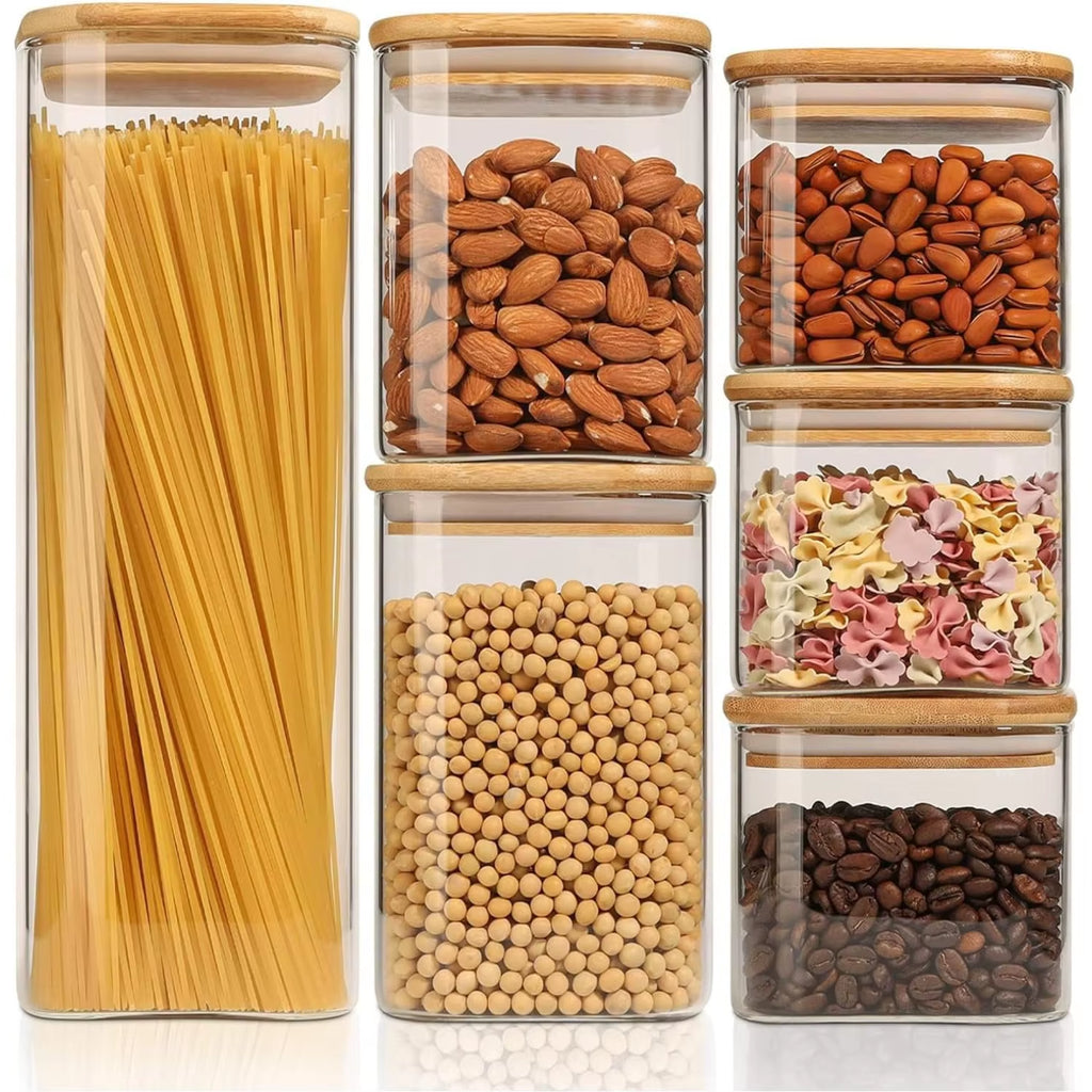 Food Storage Containers with Airtight Lids Set of 6, Clear Glass Canister Food Jar with Sealing Lid Kitchen Pantry Storage
