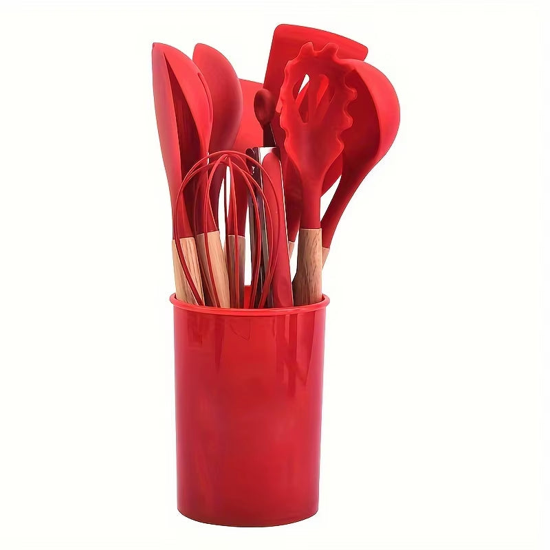 12 Piece Silicone Cooking Kitchen Utensils Set - Heat Resistant Wooden Handle Kitchen Utensils for Non-Stick Cookware