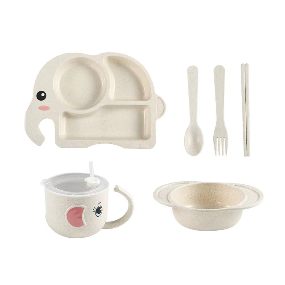 6PCS Children Baby Cutlery Set, Elephant Cartoon Plate, Children'S Cutlery, Heat Training Cutlery, Bowl, Cup, Spoon, Fork