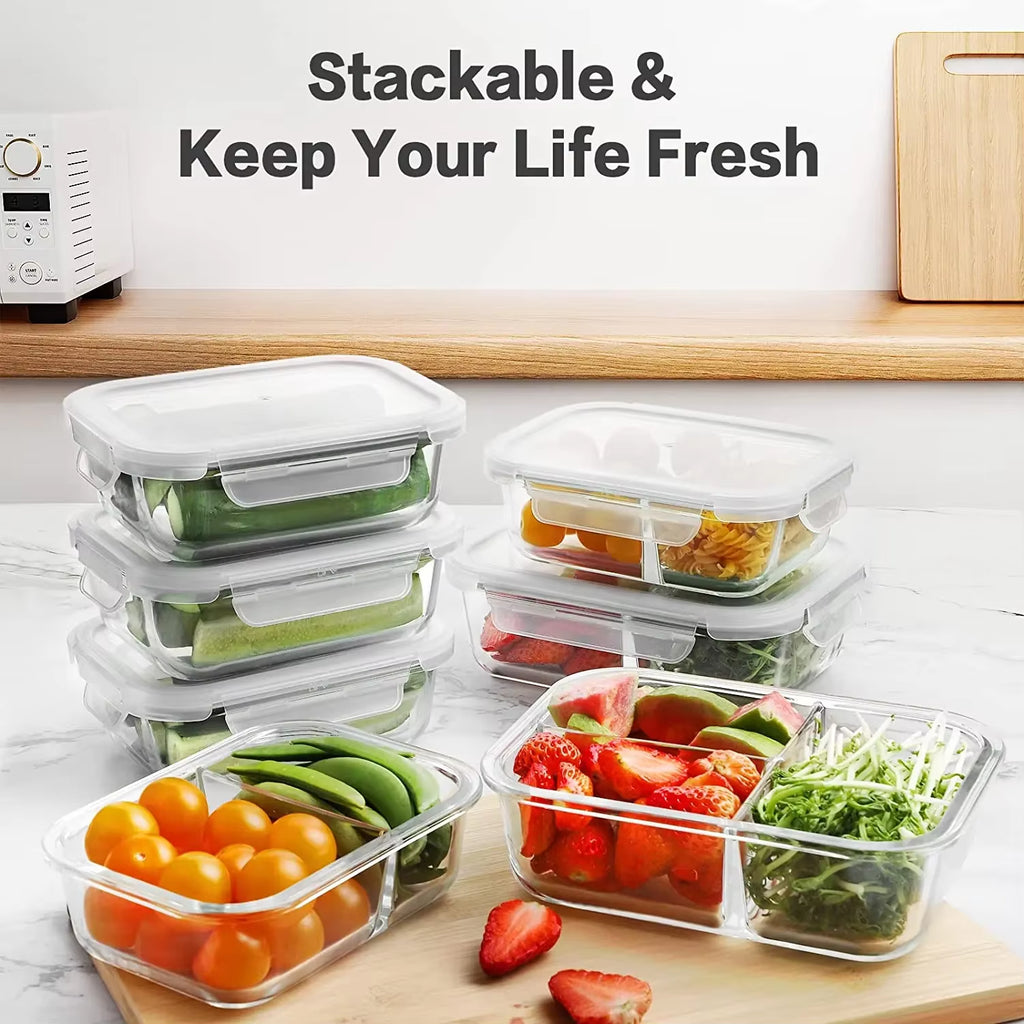 1040ML Multi-Grid Glass Lunch Box Meal Prep Containers Glass Food Storage Containers with Lids Kitchen Storage & Organization