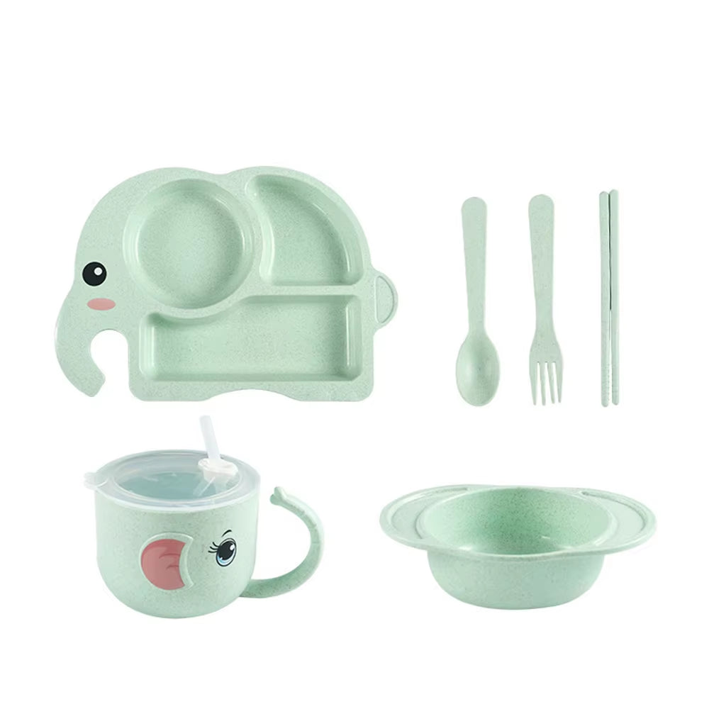 6PCS Children Baby Cutlery Set, Elephant Cartoon Plate, Children'S Cutlery, Heat Training Cutlery, Bowl, Cup, Spoon, Fork