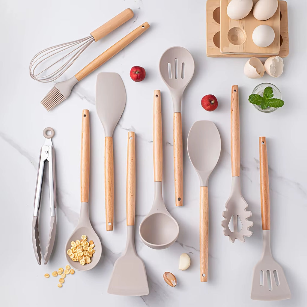 12 Piece Silicone Cooking Kitchen Utensils Set - Heat Resistant Wooden Handle Kitchen Utensils for Non-Stick Cookware