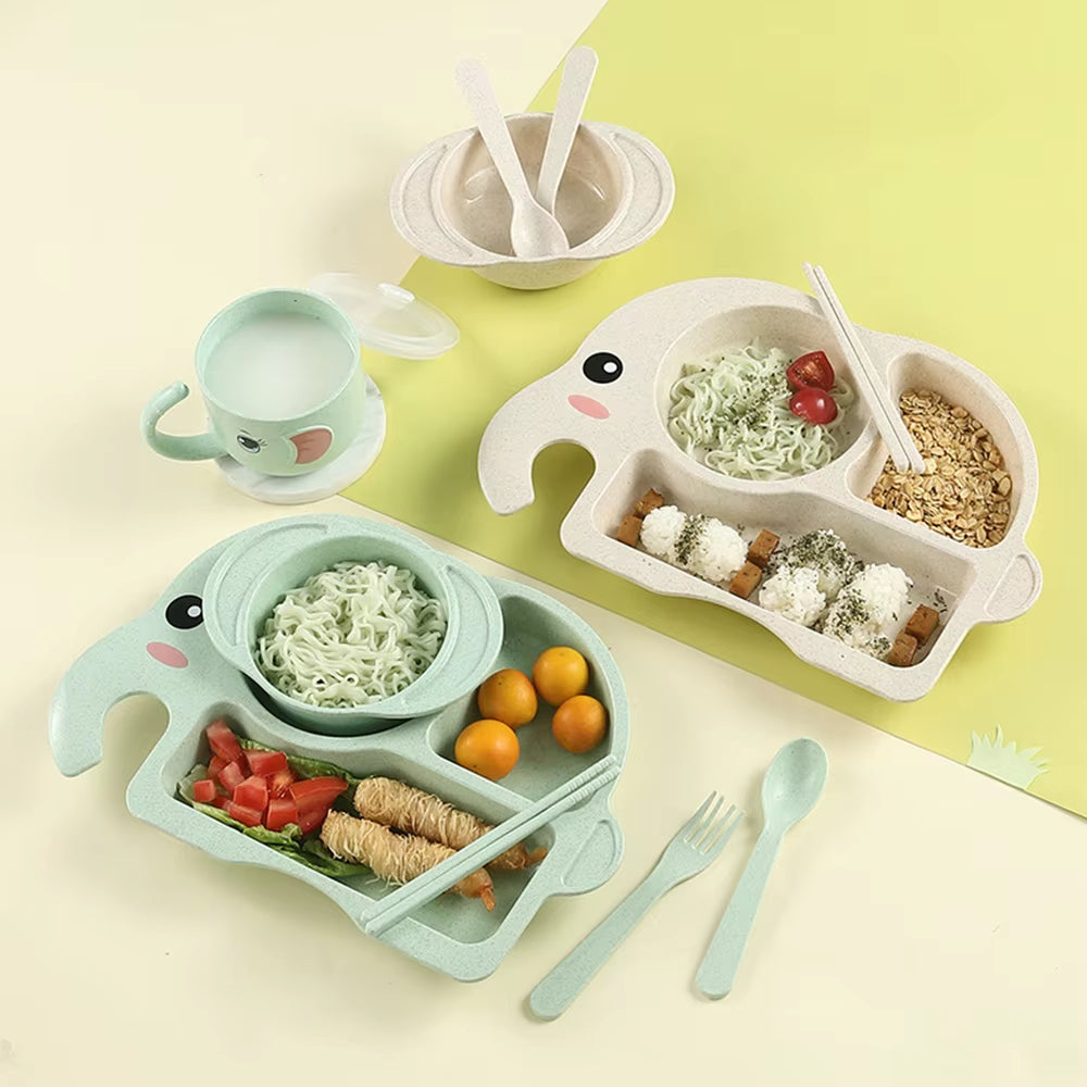 6PCS Children Baby Cutlery Set, Elephant Cartoon Plate, Children'S Cutlery, Heat Training Cutlery, Bowl, Cup, Spoon, Fork