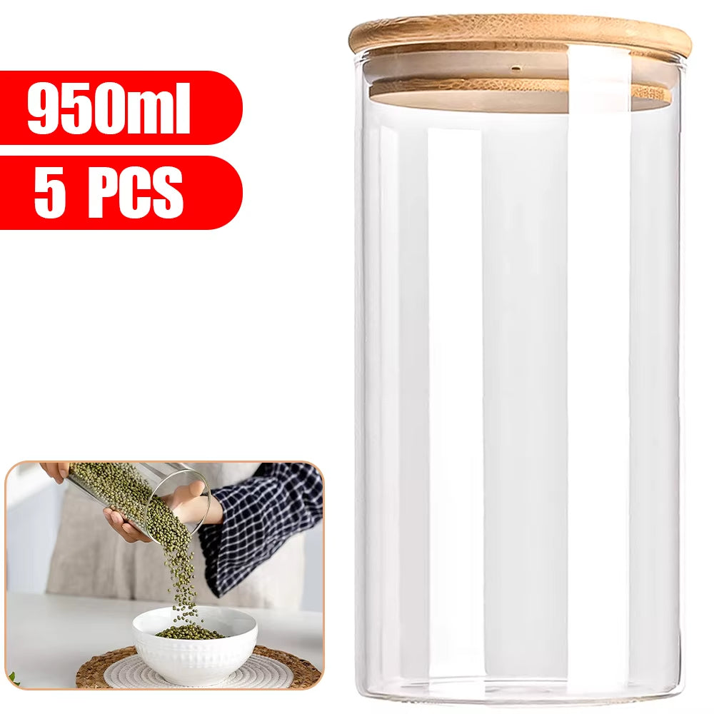 5Pc 300/550/950Ml Glass Food Storage Containers with Wooden Lid Kitchen Sealed Jar Food Storage Multigrain Tank Bottle