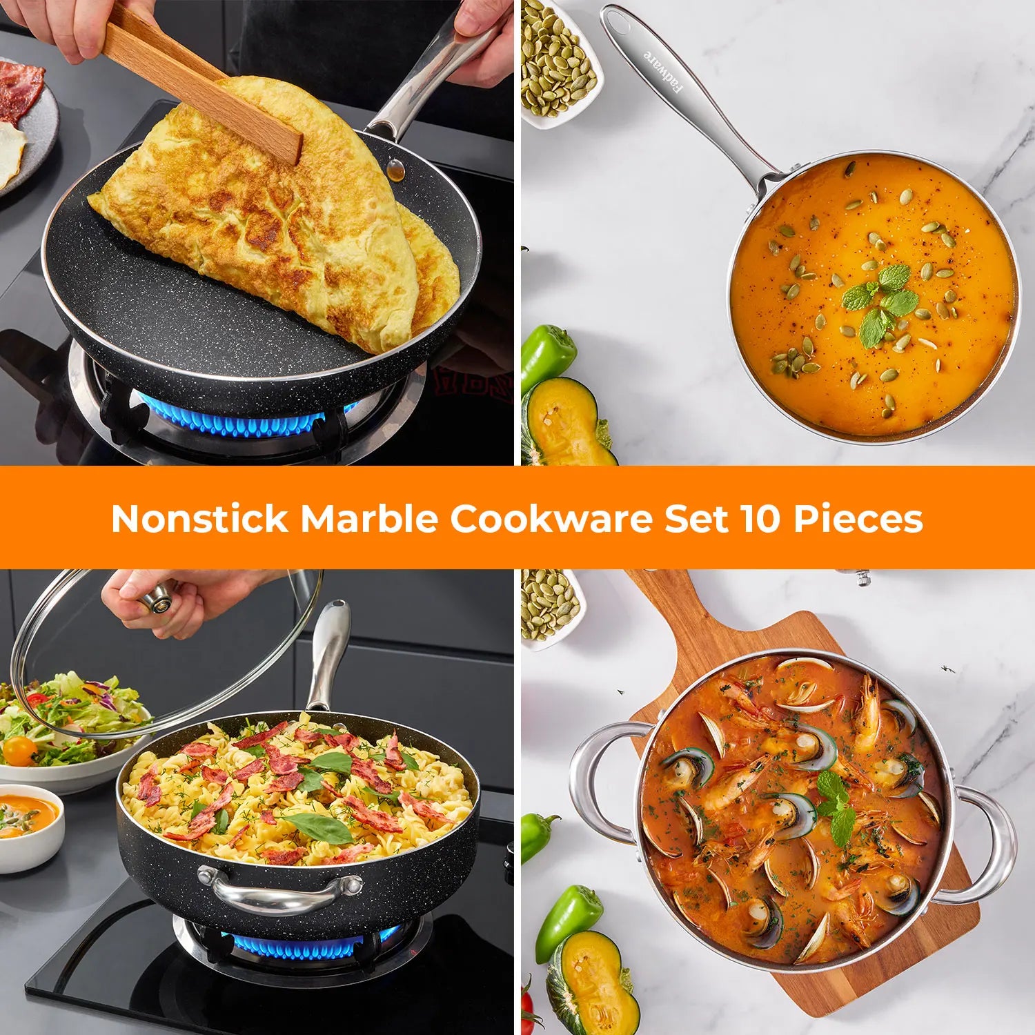 Nonstick Pots and Pans Set 10Pcs, Induction Hob Pan Set, Induction Compatible, Large Capacity Kitchen Cooking Pans Set