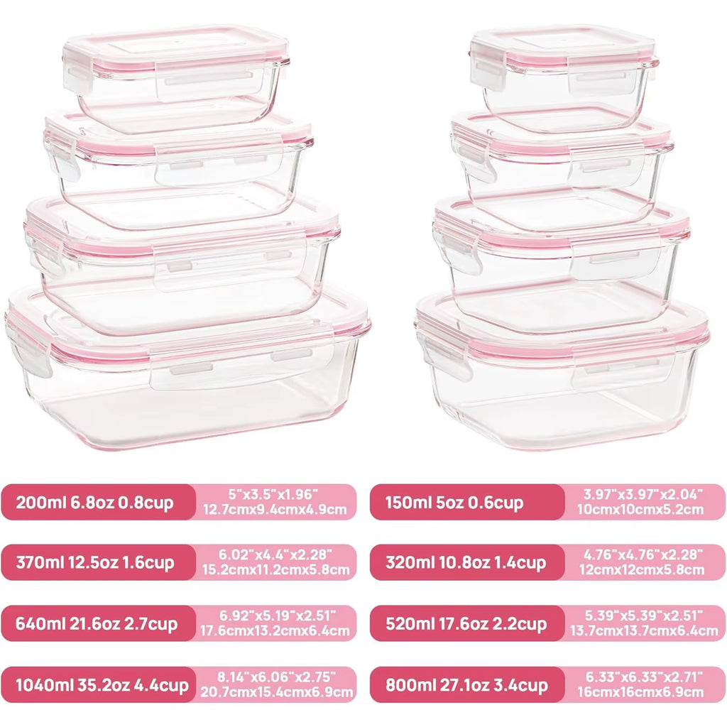 8 Pack Glass Food Storage Containers with Lids (Pink)