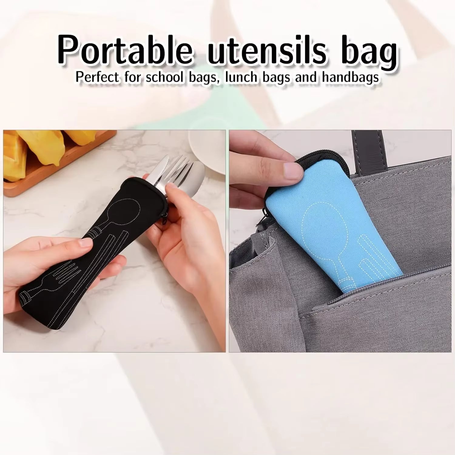 Portable Cutlery Bag with Zipper Cutlery Box Storage Bag Camping Cutlery Storage Bag for Kids Tableware Travelling Picnic School