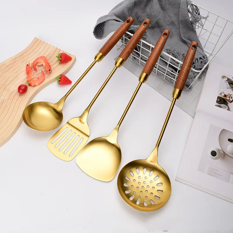 Stainless Steel Kitchen Utensils Sabli Wooden Handle Spatula Black Spatula Soup Spoon Leaking Spatula Golden Kitchen Utensils