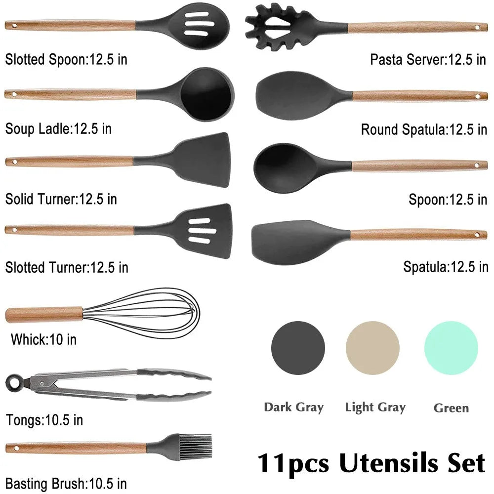 Silicone Cooking Utensil Set Wooden Handle Spatula Soup Spoon Brush Ladle Pasta Colander Non-Stick Silic Cookware Kitchen Tools