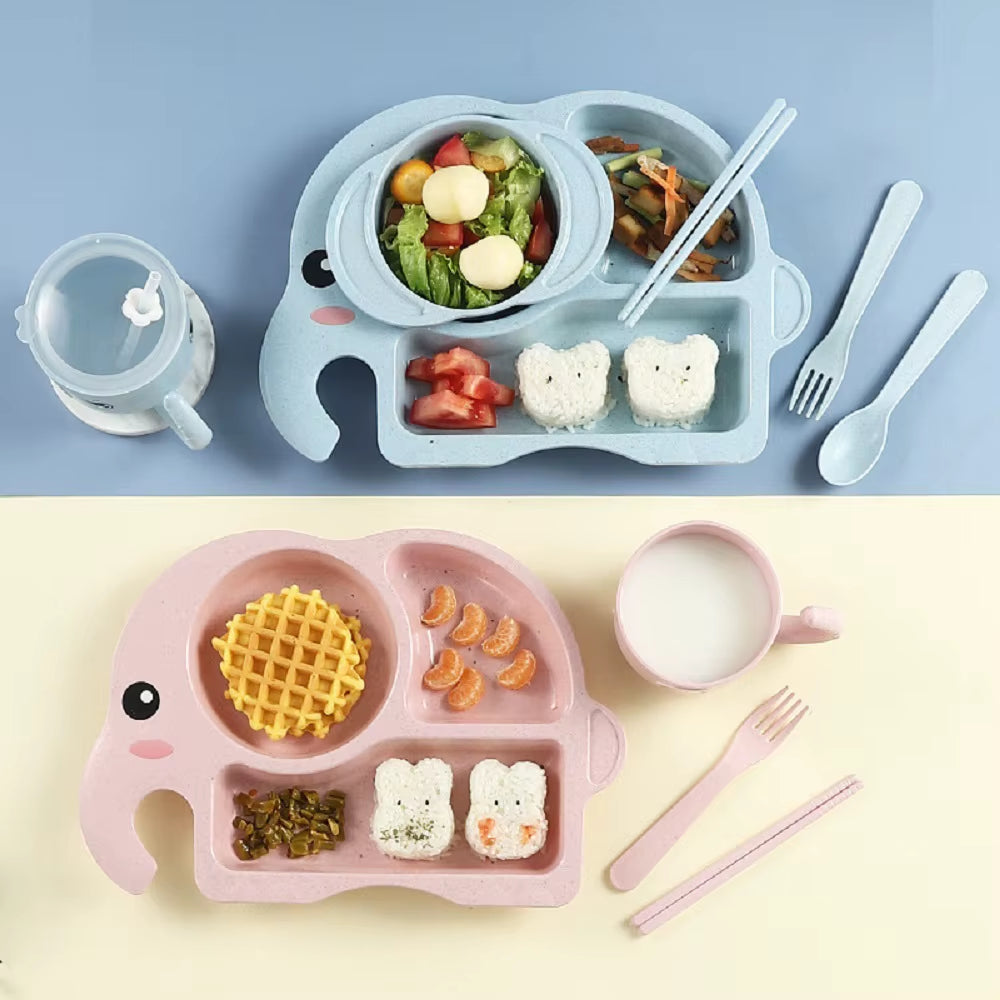 6PCS Children Baby Cutlery Set, Elephant Cartoon Plate, Children'S Cutlery, Heat Training Cutlery, Bowl, Cup, Spoon, Fork