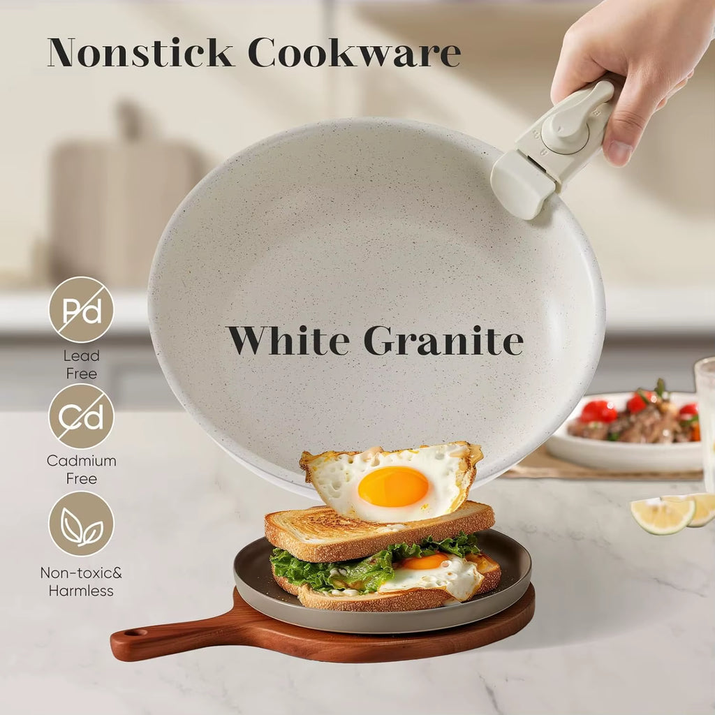 12 Pcs Pots and Pans Set, Nonstick Kitchen Induction Cookware Suit with Detachable Handle, Dishwasher Oven Safe, Milky White