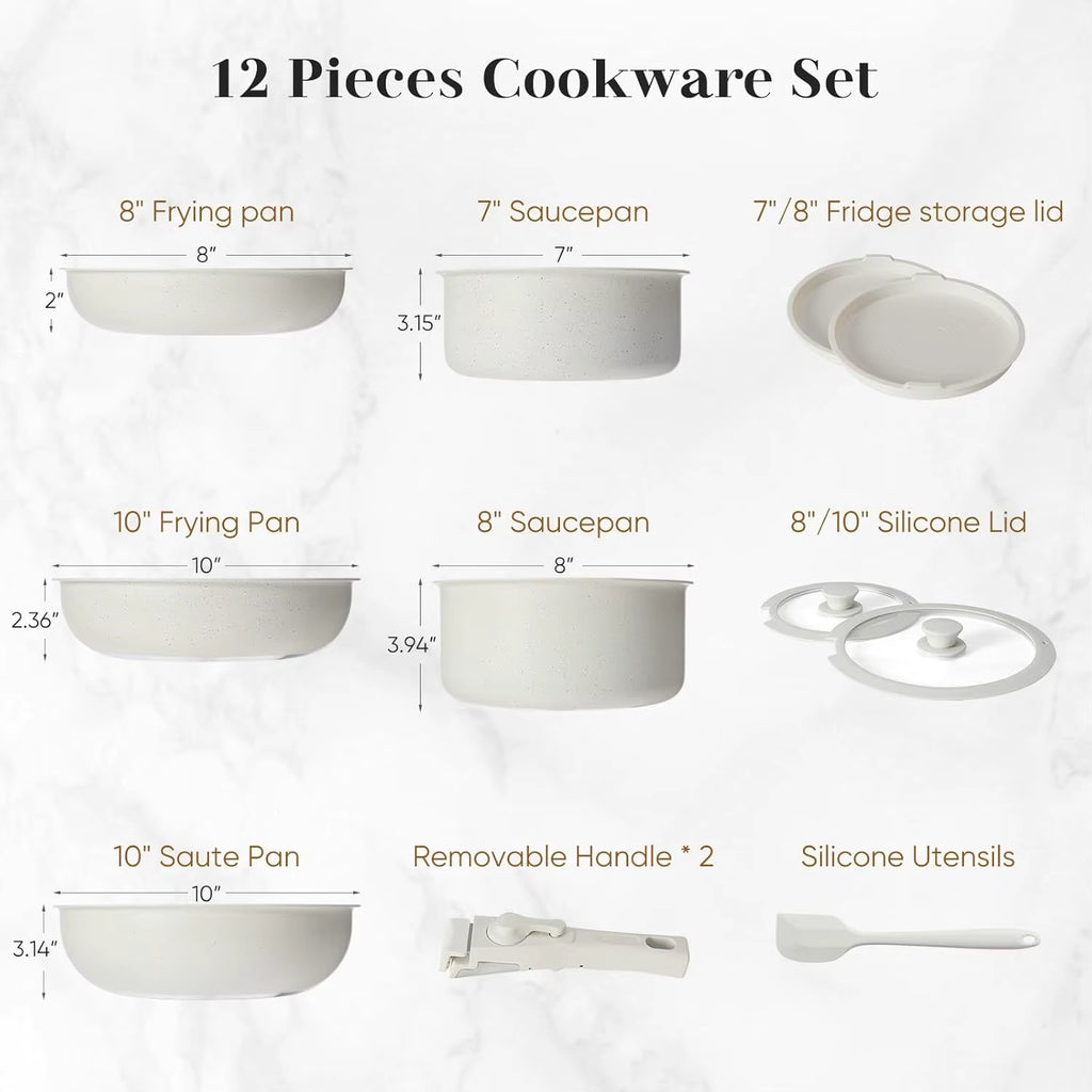 12 Pcs Pots and Pans Set, Nonstick Kitchen Induction Cookware Suit with Detachable Handle, Dishwasher Oven Safe, Milky White