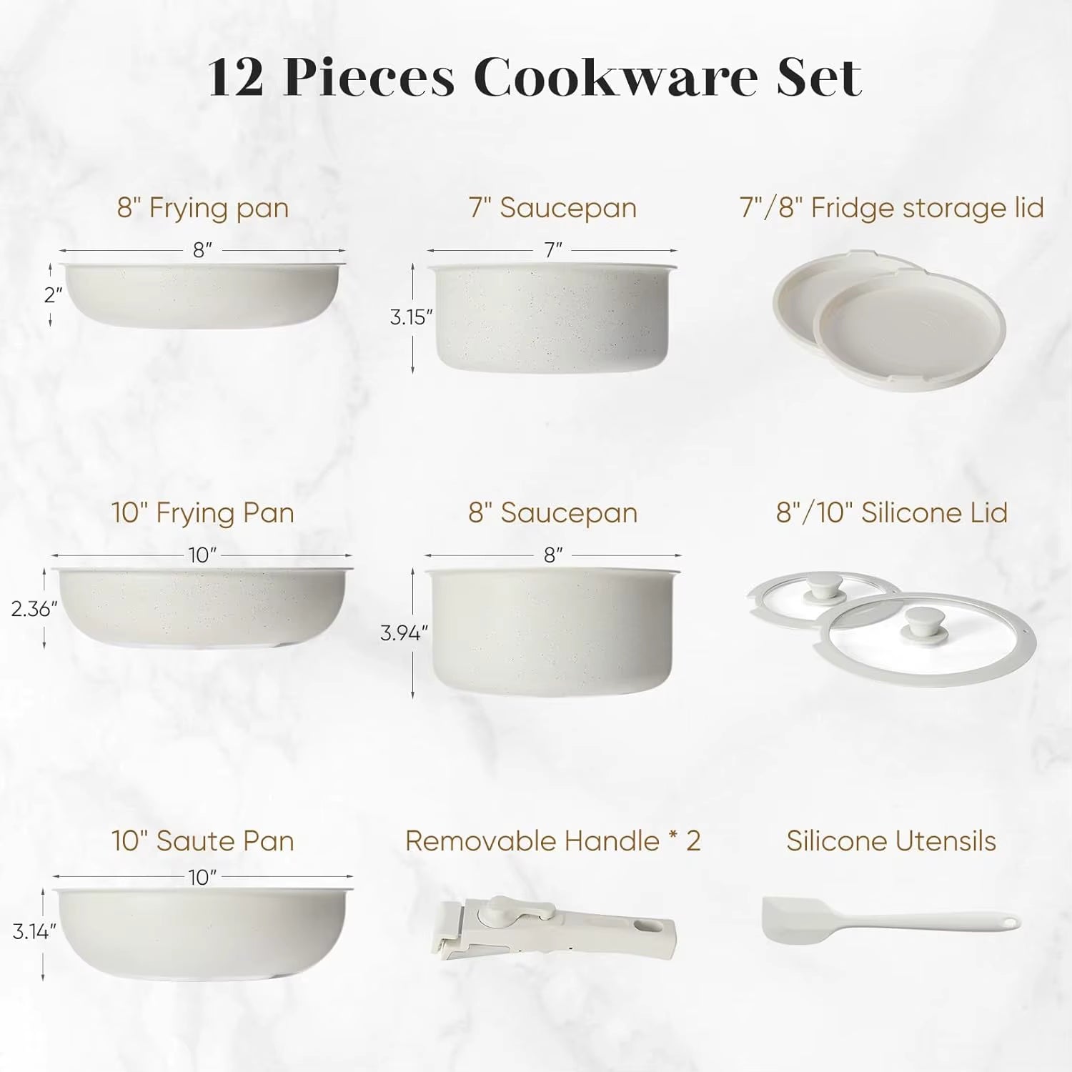 12 Pcs Pots and Pans Set, Nonstick Kitchen Induction Cookware Suit with Detachable Handle, Dishwasher Oven Safe, Milky White