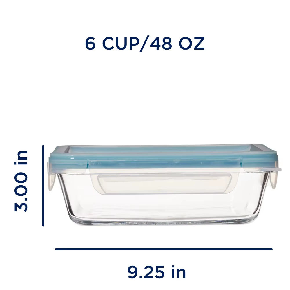 Locking Lid Glass Food Storage Containers, 6 Cup Rectangular