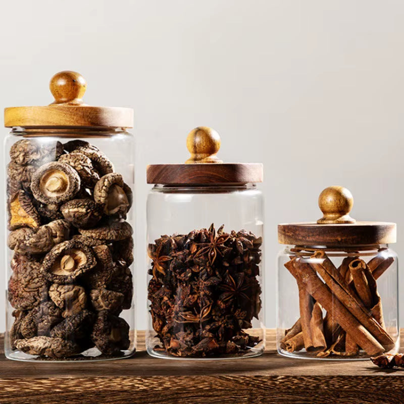Glass Food Storage Jar with Wood Lid Airtight Sealed Clear Container for Coffee Beans Nuts Spice Candy Moisture-Proof Storage