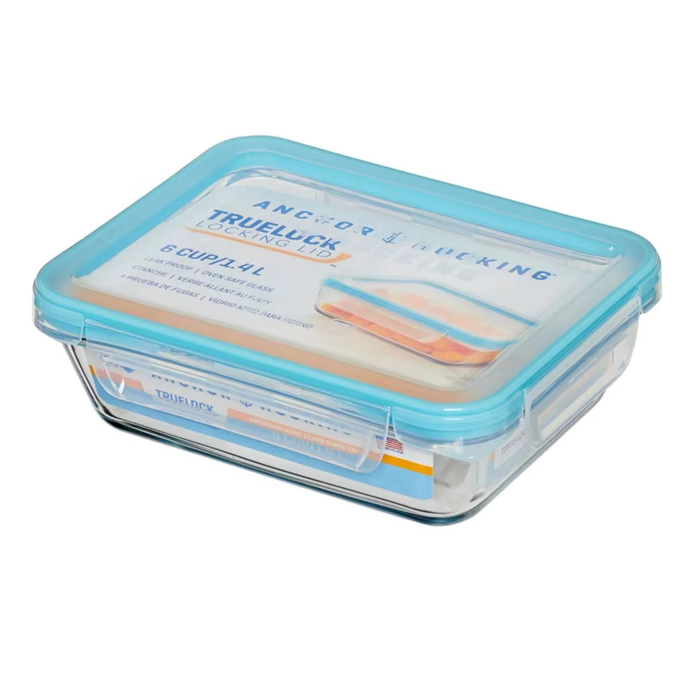 Locking Lid Glass Food Storage Containers, 6 Cup Rectangular
