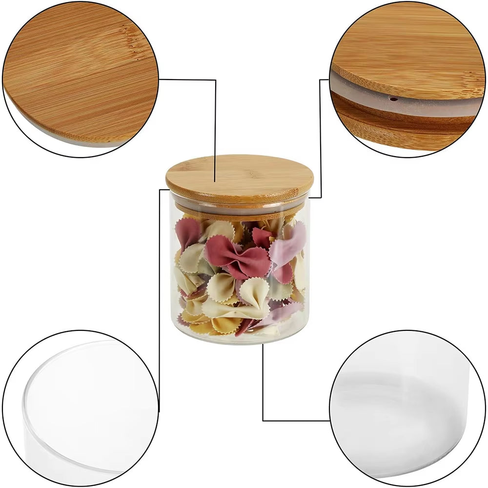 5Pc 300/550/950Ml Glass Food Storage Containers with Wooden Lid Kitchen Sealed Jar Food Storage Multigrain Tank Bottle