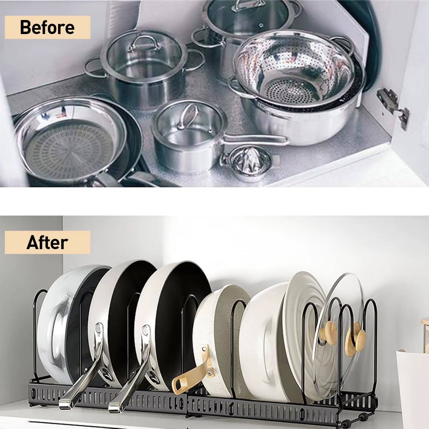 Pots and Pans Organizer,Expandable Pot Lid Holder 10 Adjustable Compartment Rack for under Cabinet