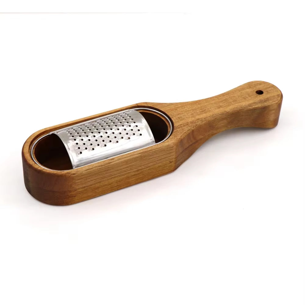 Stainless Steel Cheese Grater with Removable Acacia Wood Collector Cheese Grater with Box Cheese Tools Server