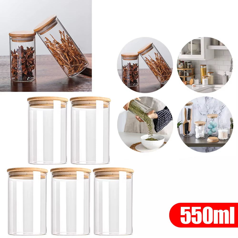 5Pc 300/550/950Ml Glass Food Storage Containers with Wooden Lid Kitchen Sealed Jar Food Storage Multigrain Tank Bottle