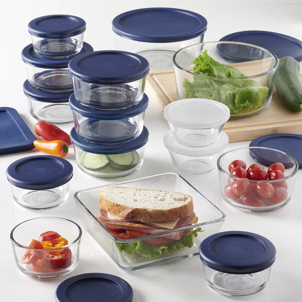 Clear Glass Food Storage Container Set 30 Pieces with Navy Airtight Lids Microwave Dishwasher Safe Ideal Kitchen Organization