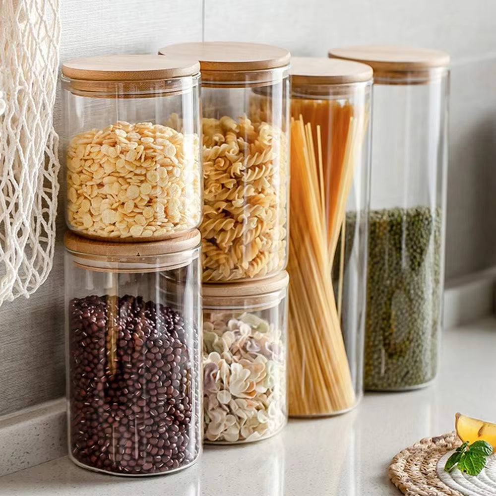 5Pc 300/550/950Ml Glass Food Storage Containers with Wooden Lid Kitchen Sealed Jar Food Storage Multigrain Tank Bottle